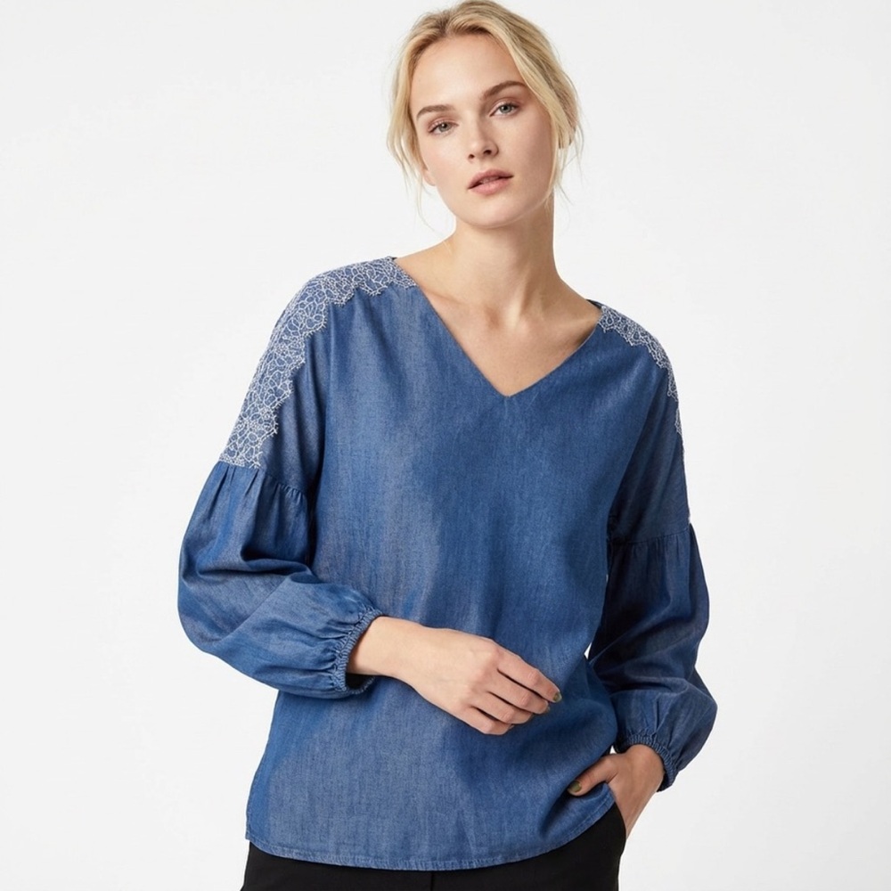 Massimo Dutti Denim-Blue V-Neck Tunic with Lace Shoulder Detail